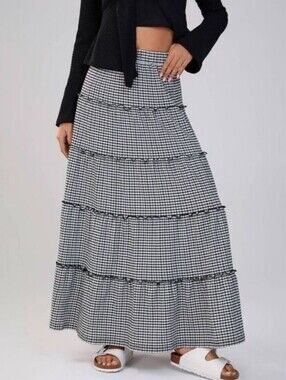NWT Wild Fable - Women's Elastic Waist Check Tiered Ruffle Hem Maxi Black